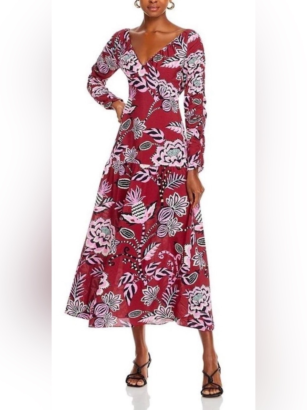 Farm Rio Pineapple Inspiration Burgundy Floral Long Sleeve Maxi Dress Sz Small